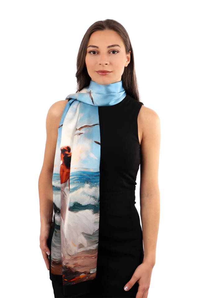 Blue Seagull Pattern Silk Scarf - 2