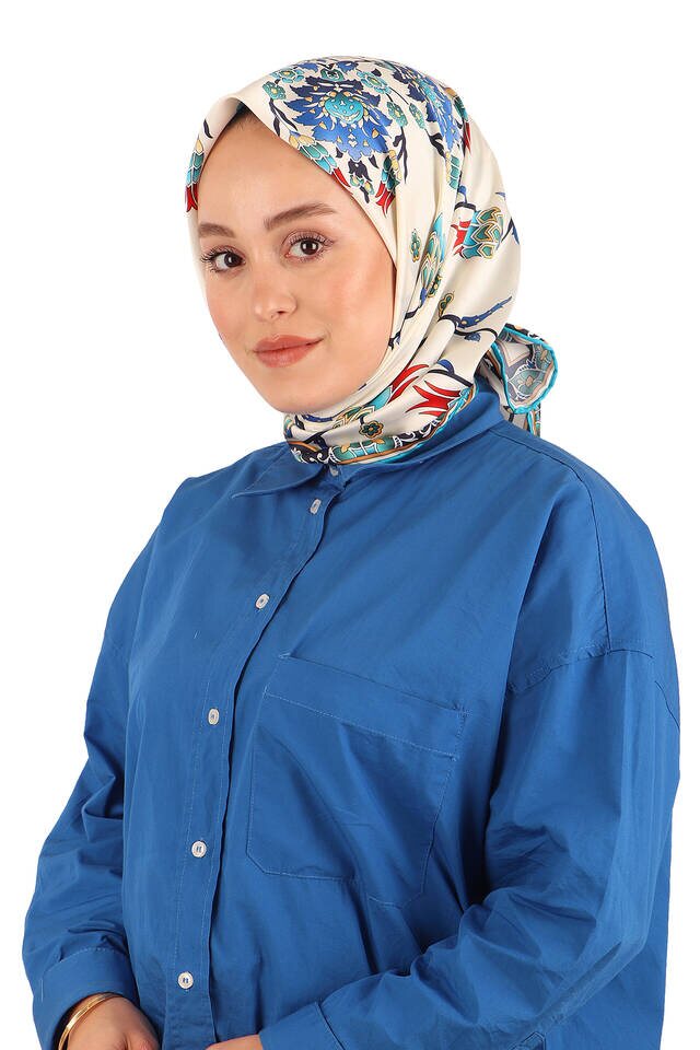Turkuaz Sıra Lale Desen İpeksi Eşarp - 2