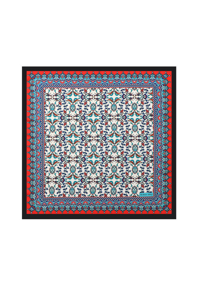 Siyah Çini Lale Desen İpeksi Mendil 