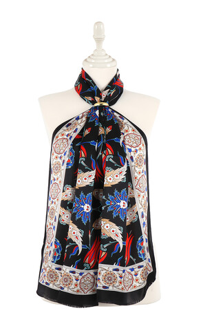 Siyah Ekru Efes Desen İpek Fular 