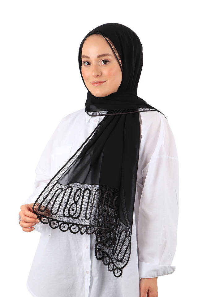 Siyah El İşi Dantel Angles Şal - 2