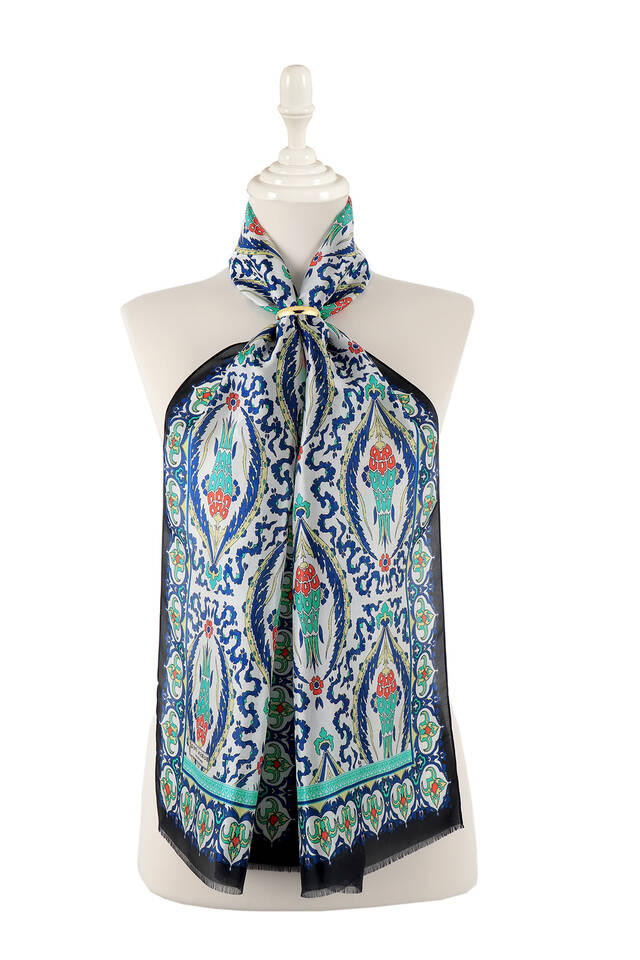 Siyah Saks Büyük Lale Vual İpek Fular - Bursa İpek