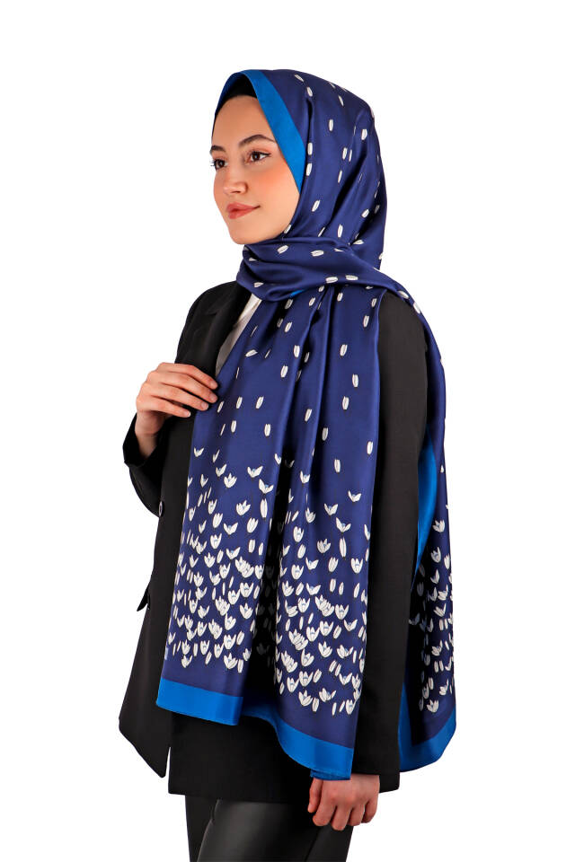 Navy Blue Snowdrop Pattern Twill Silk Shawl - 2