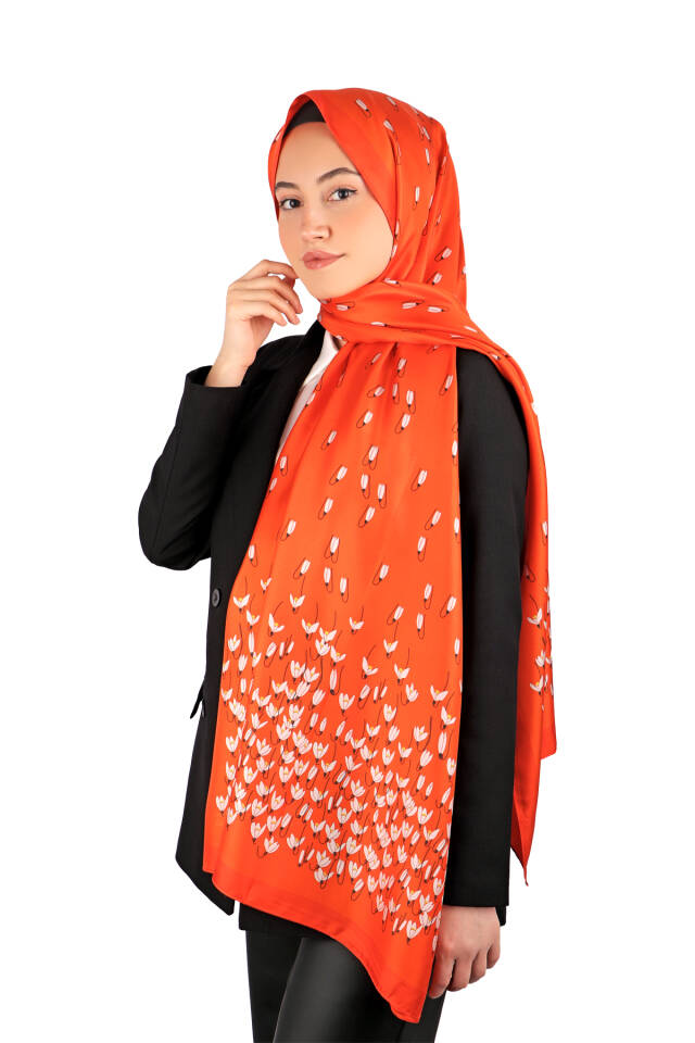Orange Snowdrop Pattern Twill Silk Shawl - 2