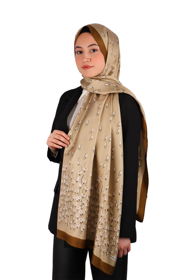 Beige Snowdrop Pattern Twill Silk Shawl - 2