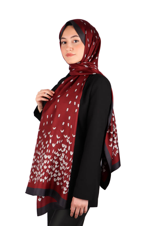 Burgundy Snowdrop Pattern Twill Silk Shawl - 2