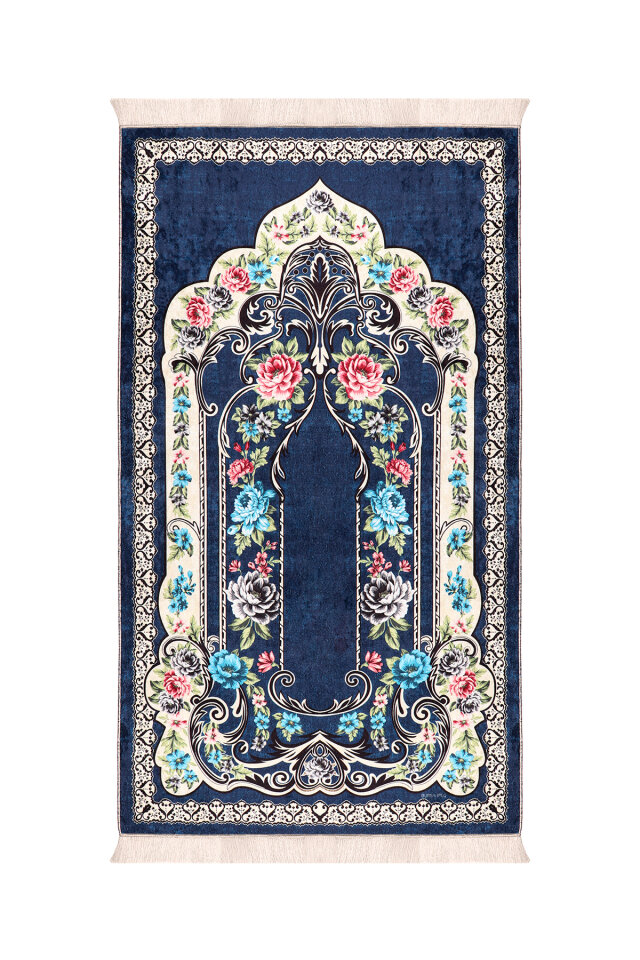 Navy Blue Sponge Velvet Prayer Rug - Bursa İpek
