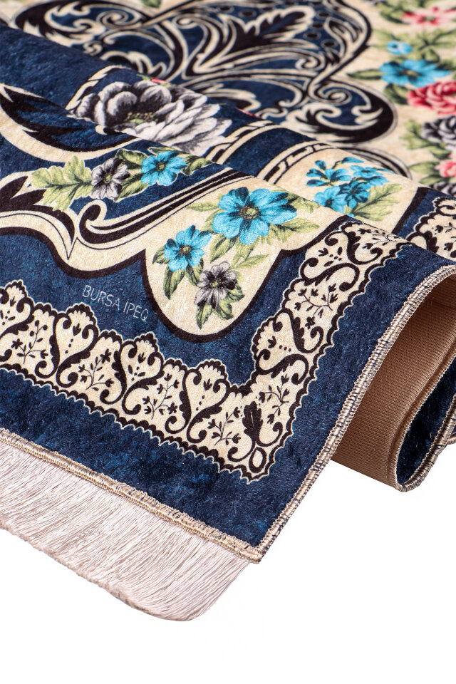 Navy Blue Sponge Velvet Prayer Rug - 2
