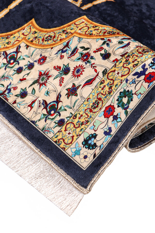 Navy Blue Sponge Velvet Prayer Rug - 2