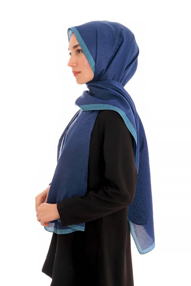 Navy Blue Star Pattern Silk Cotton Shawl - 2