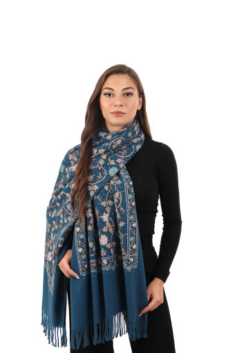 Petrol Blue Stone Embroidered Winter Shawl 