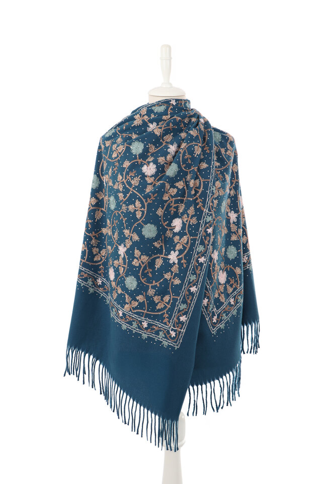 Petrol Blue Stone Embroidered Winter Shawl - 2