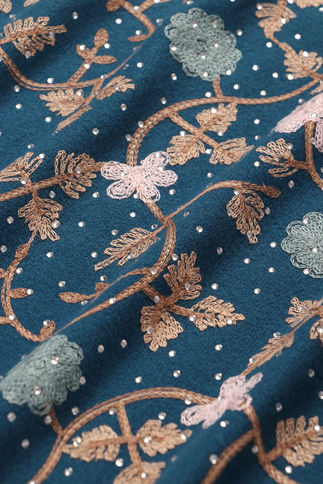 Petrol Blue Stone Embroidered Winter Shawl - 4