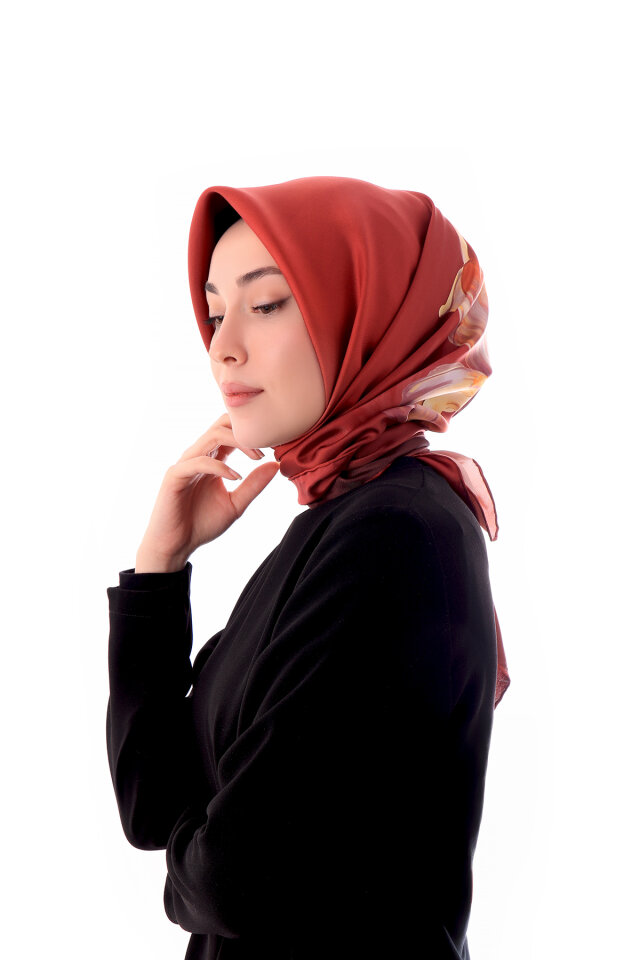 Burgundy Iris Pattern Twill Silk Scarf - 1