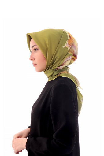 Acid Green Iris Pattern Twill Silk Scarf 