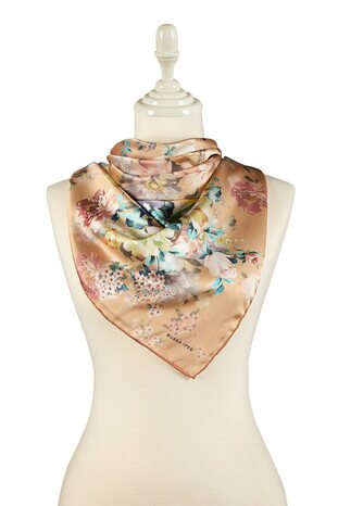 Taba Fourflower Pattern Silky Square Scarf - Thumbnail