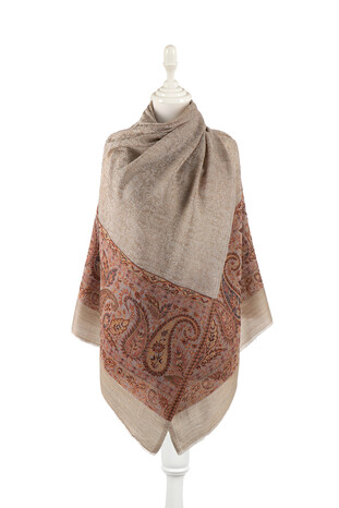 Tan Border Patterned Wool Shawl 