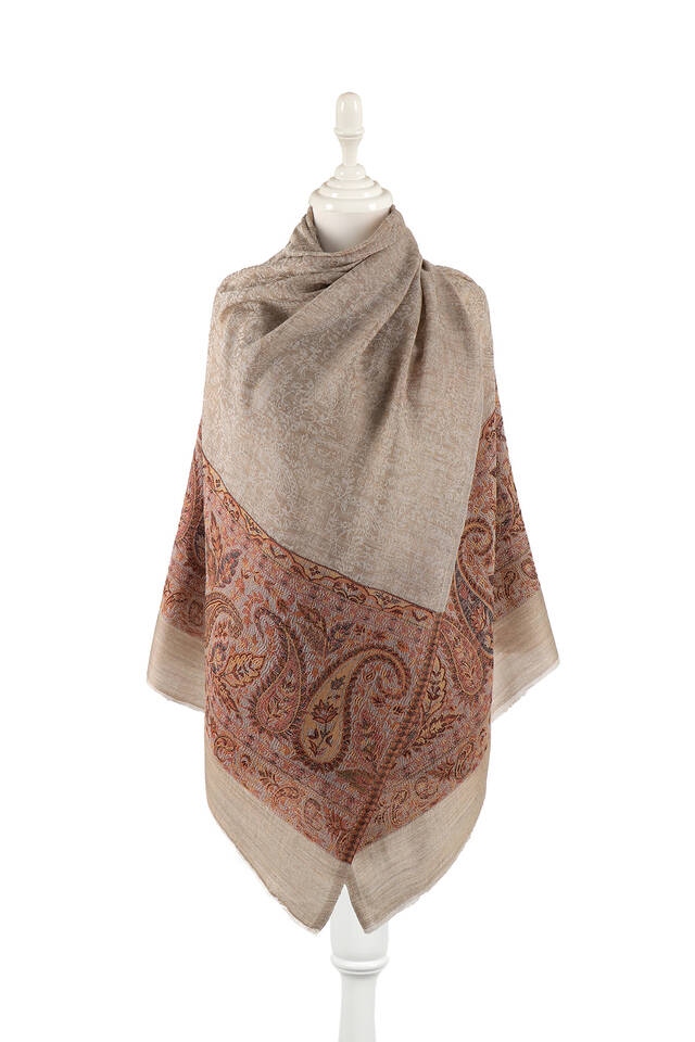 Tan Border Patterned Wool Shawl - Bursa İpek