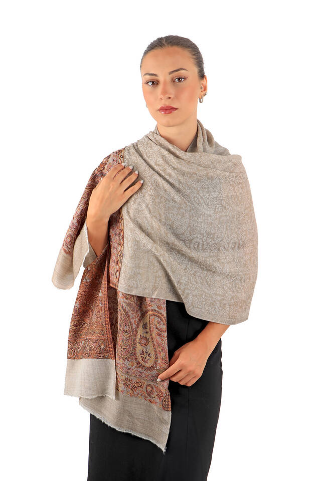 Tan Border Patterned Wool Shawl - 2