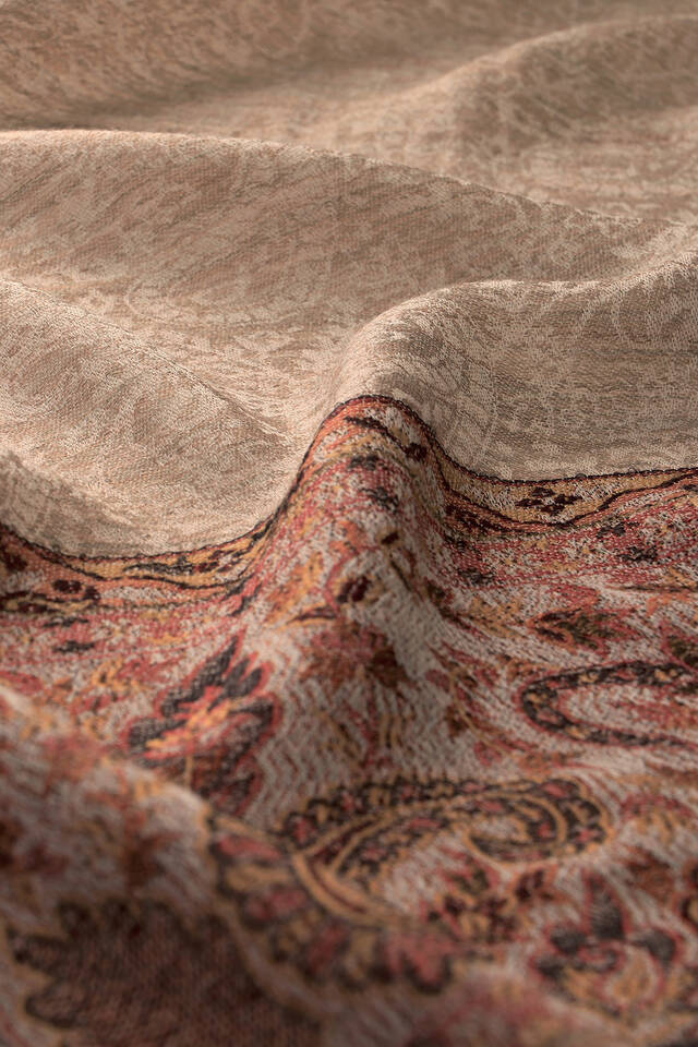 Tan Border Patterned Wool Shawl - 4