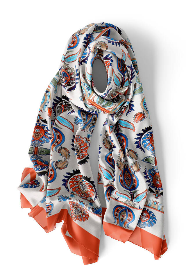 Tan Iznik Pattern Narrow Silk Foulard - 3