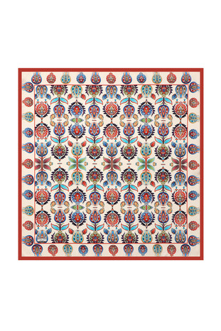 Tan Iznik Pattern Silk Square Scarf - Thumbnail