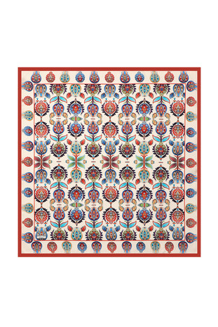 Tan Iznik Pattern Silk Square Scarf 