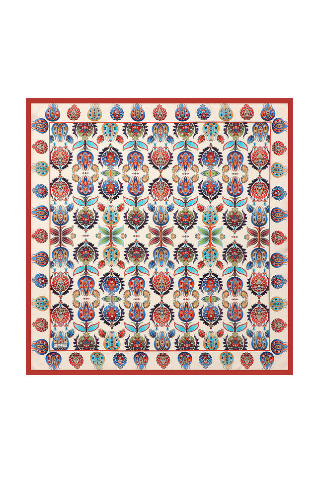 Tan Iznik Pattern Silk Square Scarf 