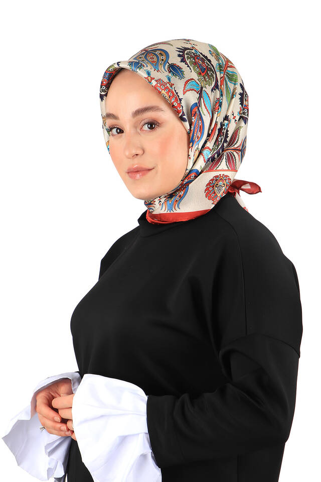 Tan Iznik Pattern Silk Square Scarf - 2