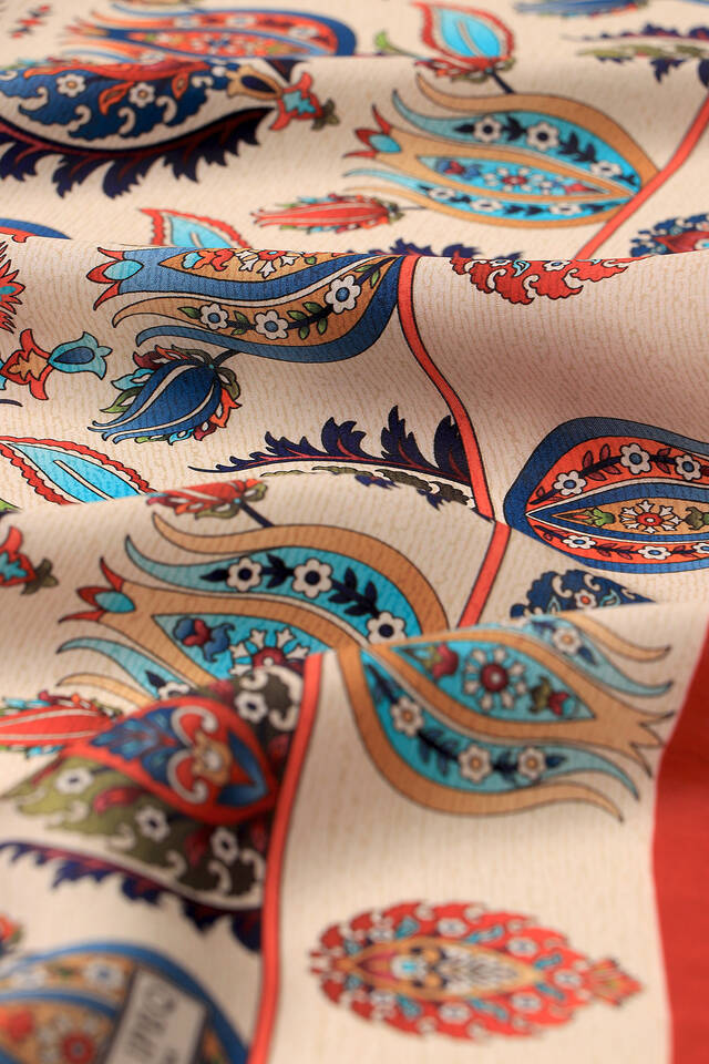 Tan Iznik Pattern Silk Square Scarf - 3