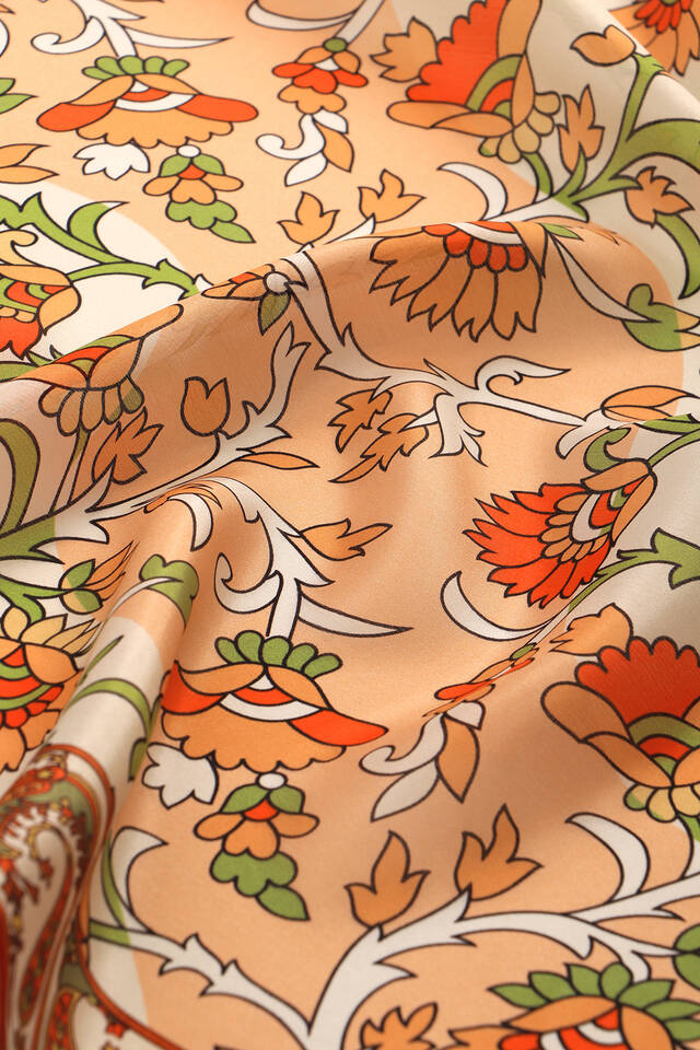 Tan Shawl Pattern Voile Silk Square Scarf - 3