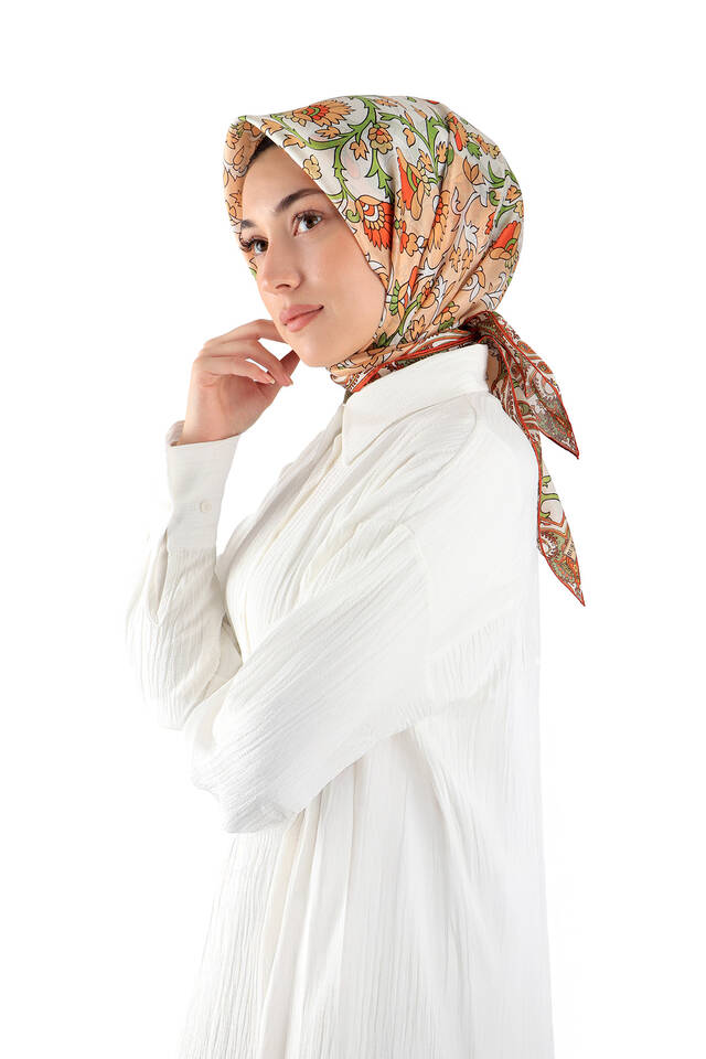 Tan Shawl Pattern Voile Silk Square Scarf - 2