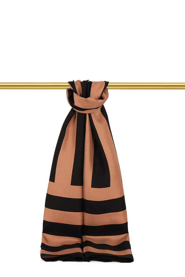 Tan Stripe Pattern Twill Silk Scarf - 1