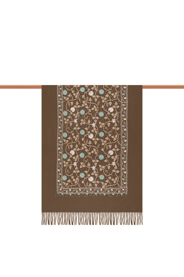 Brown Stone Embroidered Winter Shawl - 3