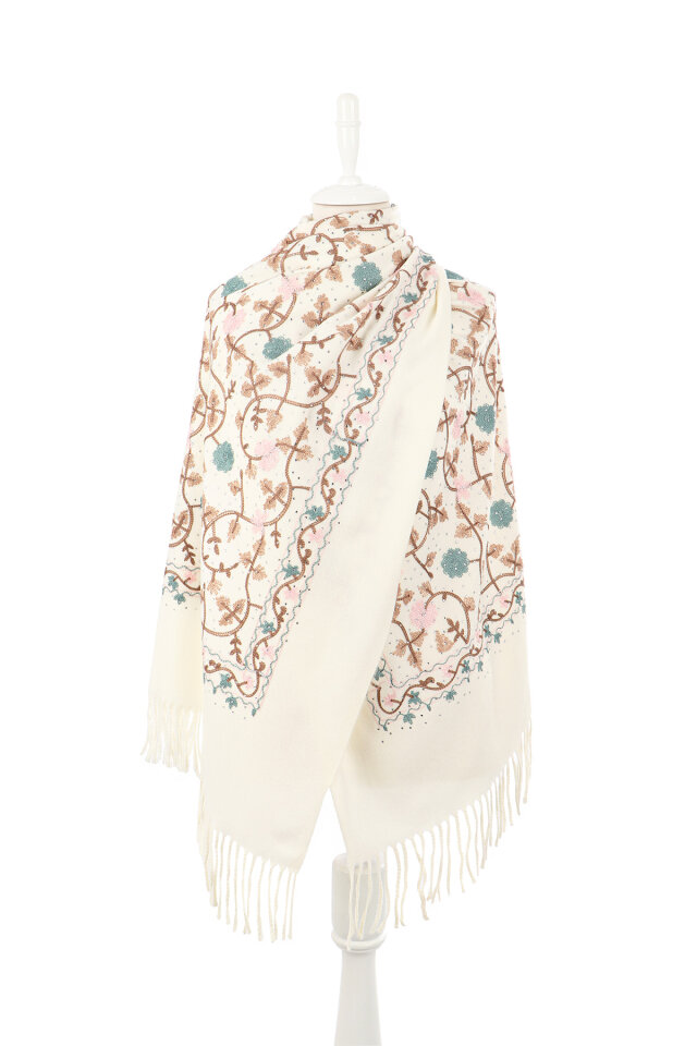 Cream Stone Embroidered Winter Shawl - 2