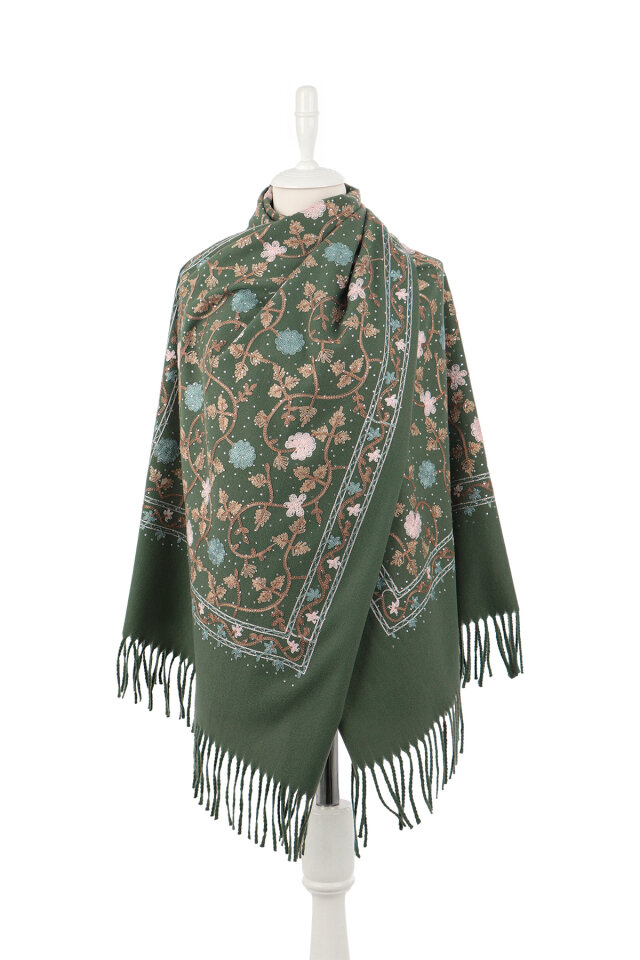 Green Stone Embroidered Winter Shawl - 2