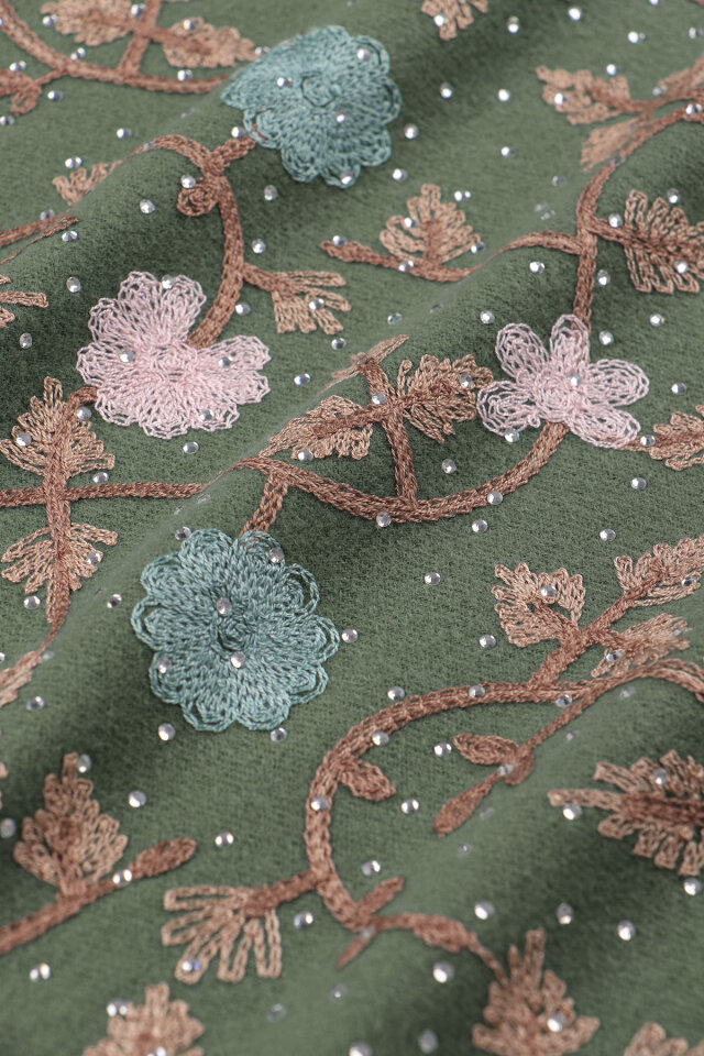 Green Stone Embroidered Winter Shawl - 4