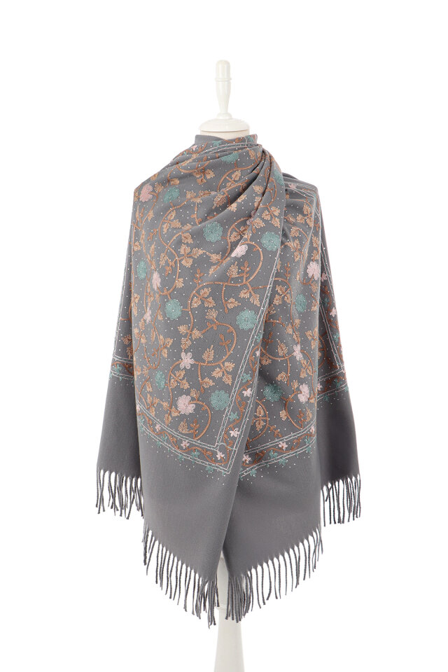 Gray Stone Embroidered Winter Shawl - 2