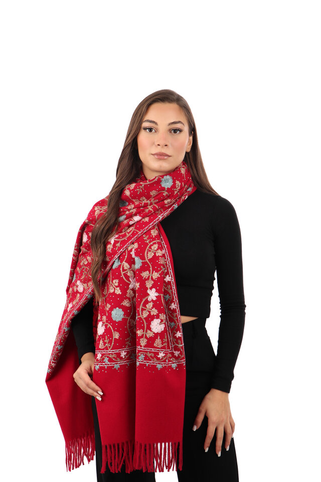 Burgundy Stone Embroidered Winter Shawl - 1