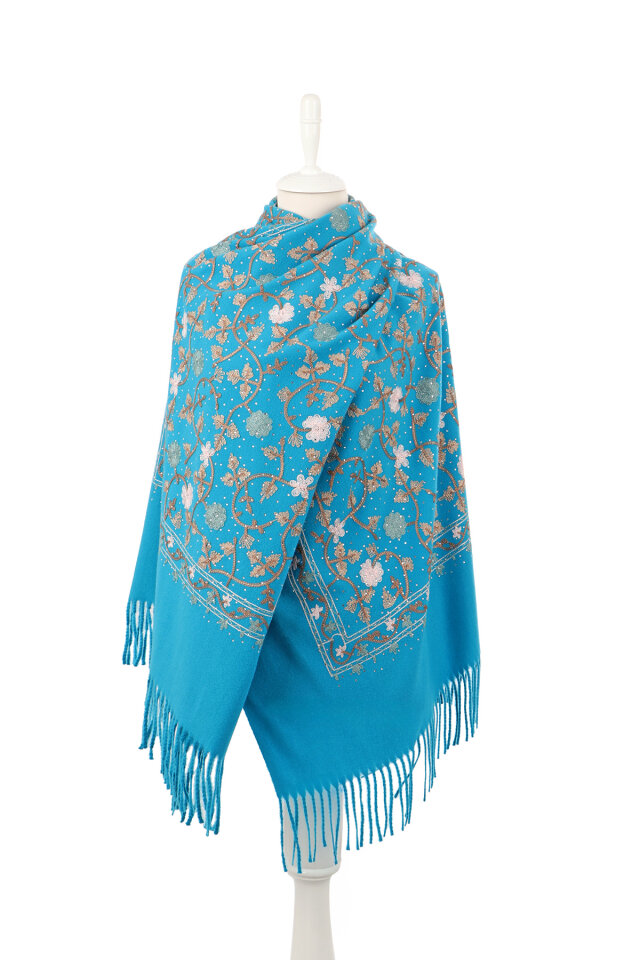 Cyan Stone Embroidered Winter Shawl - 2