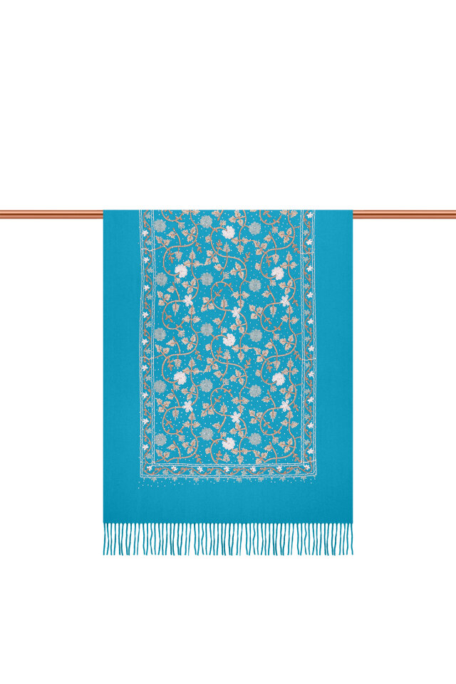 Cyan Stone Embroidered Winter Shawl - 3