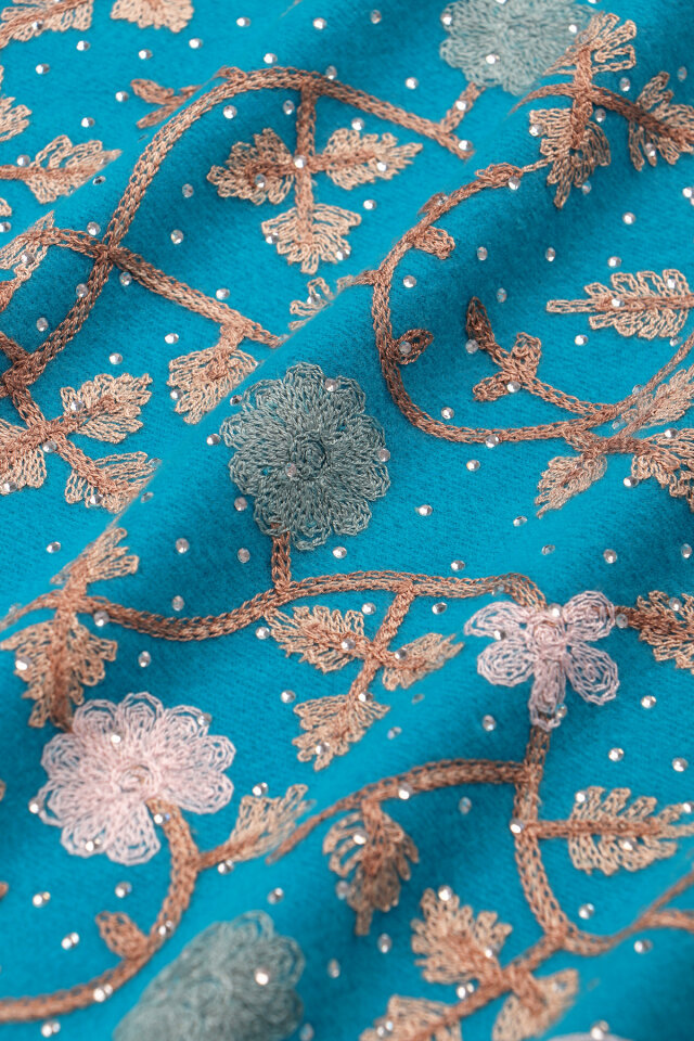 Cyan Stone Embroidered Winter Shawl - 4