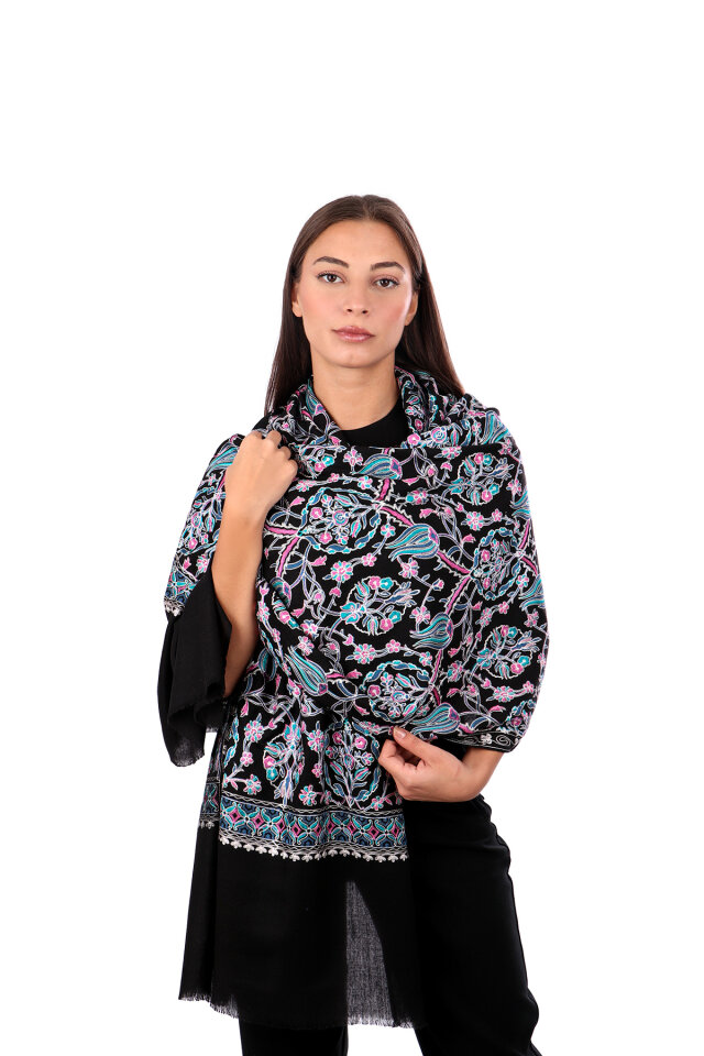Black Turquoise Tulip Pattern Embroidered Wool Shawl - Bursa İpek