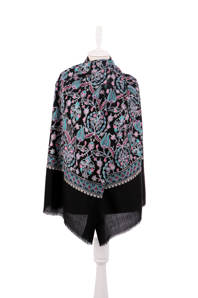 Black Turquoise Tulip Pattern Embroidered Wool Shawl - 2