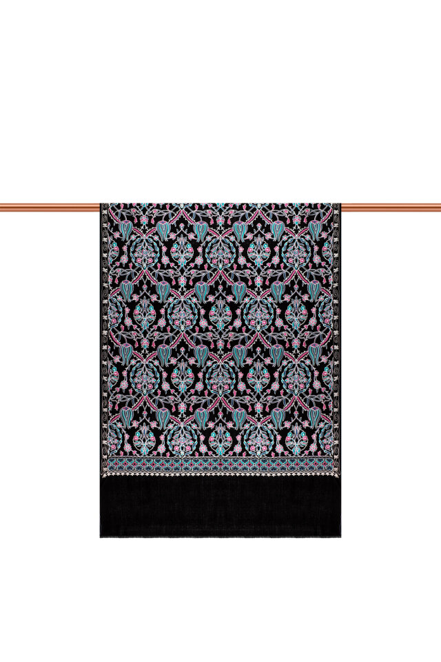 Black Turquoise Tulip Pattern Embroidered Wool Shawl - 3