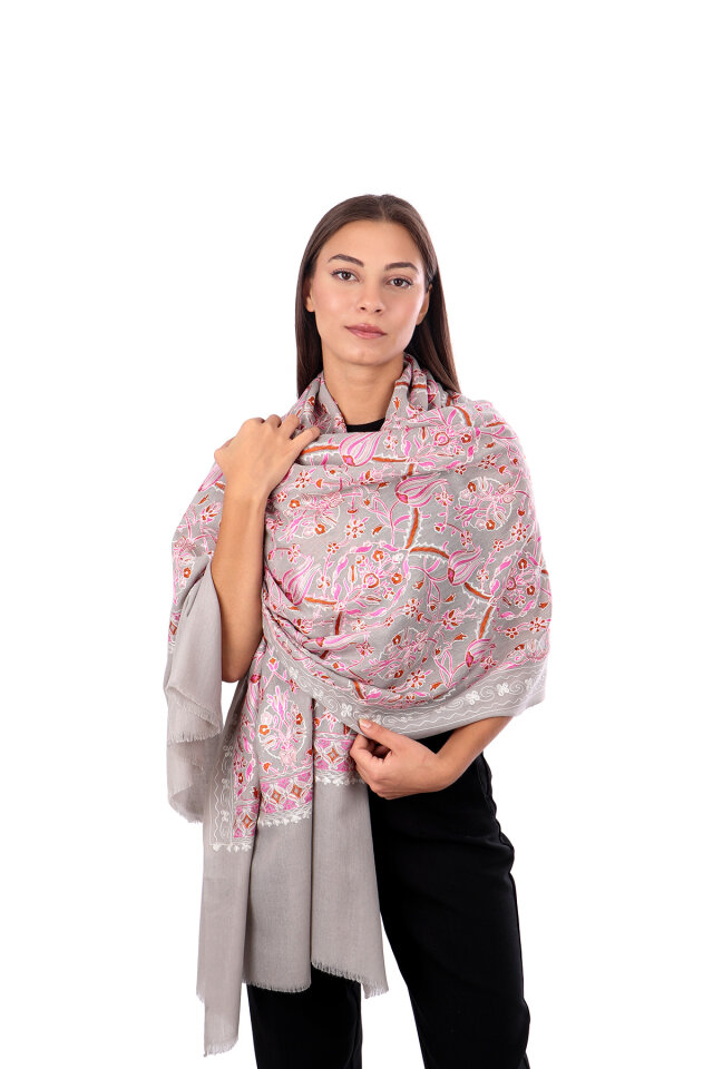 Gray Pink Tulip Pattern Embroidered Wool Shawl 