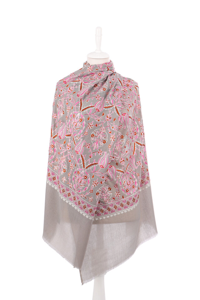 Gray Pink Tulip Pattern Embroidered Wool Shawl - 2