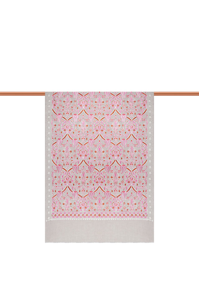 Gray Pink Tulip Pattern Embroidered Wool Shawl - 3