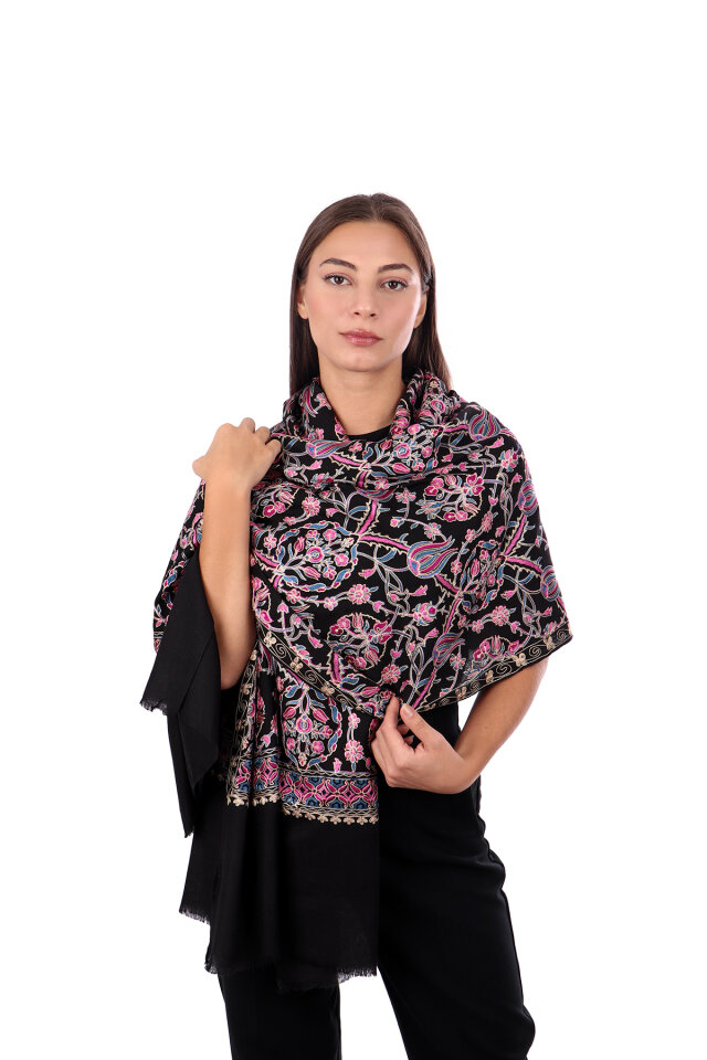 Black Fuchsia Tulip Pattern Embroidered Wool Shawl 