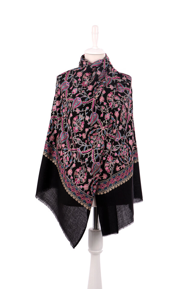 Black Fuchsia Tulip Pattern Embroidered Wool Shawl - 2
